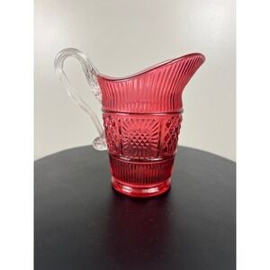 Vintage Fenton‎ Cranberry Glass Pitcher Creamer with Clear Applied Handle 5in